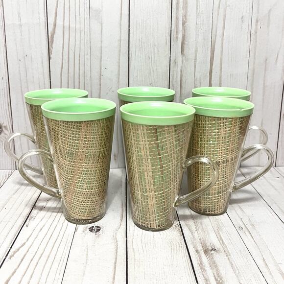 Vintage MCM 1950's 60's Raffiaware Melamine Tiki Bar Mugs Set of 6 Aqua Green - Picture 1 of 10